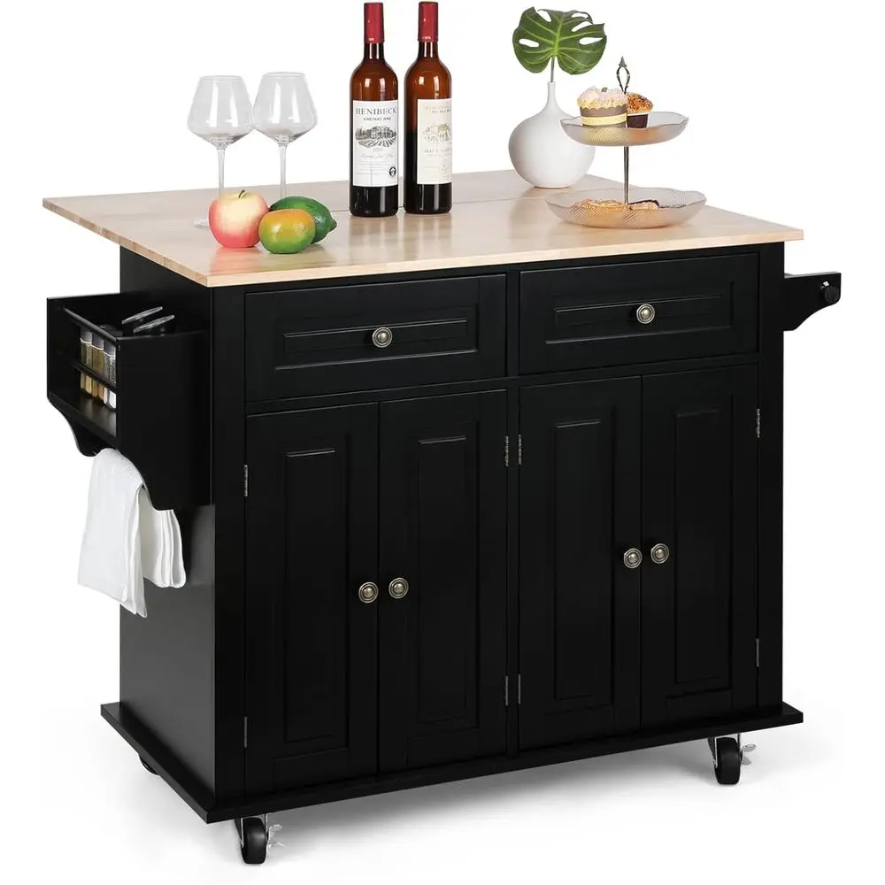

43 Wide Kitchen Island with Drop Leaf, Rolling Cart with Drawers, Portable Kitchen Island Storage, Black Butcher Block Cart with