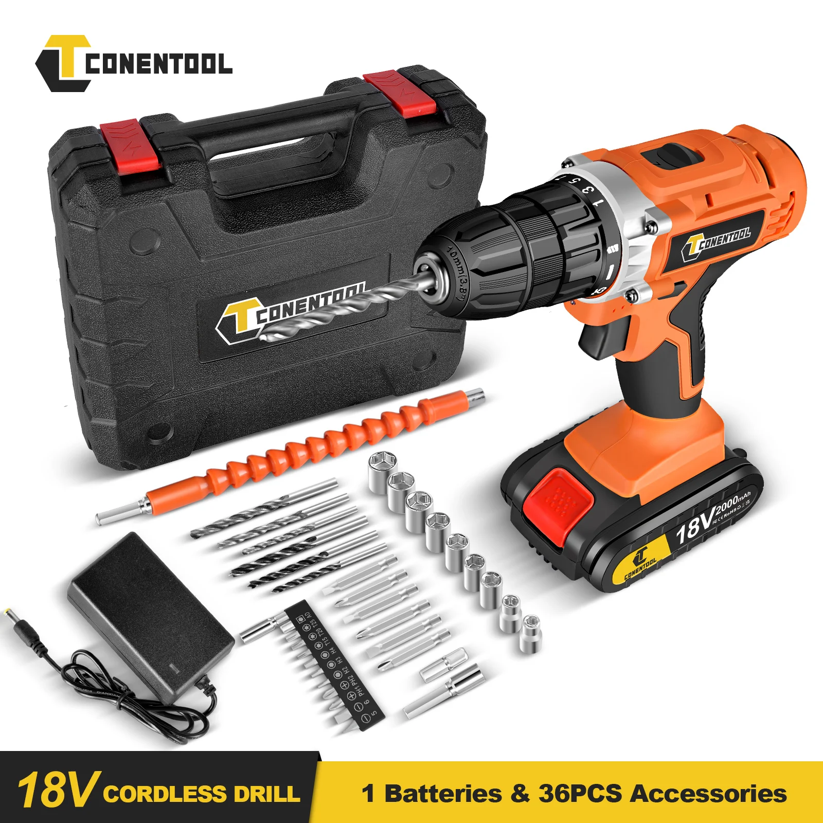 CONENTOOL 18V Cordless Electric Screwdriver Impact Drill 36pcs with 2.0Ah Battery Power Tool Double Speed Electric Drill Driver