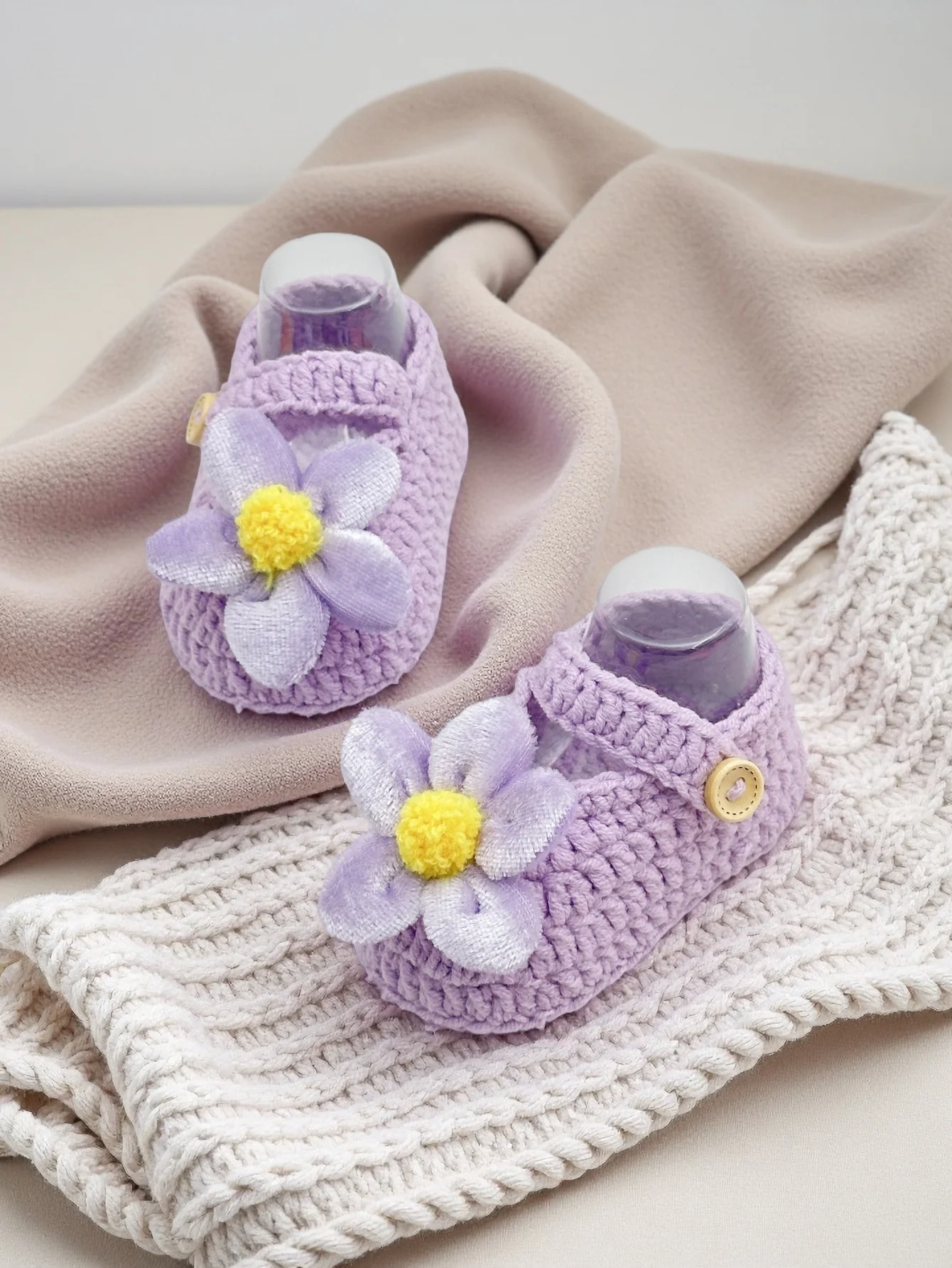 

1 Pair Handmade Crochet Baby Booties with Flower Embroidery, Purple Knit Newborn Shoes with Button, Soft Infant Footwear