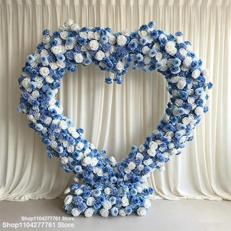5D Blau-Weißer Herzförmiger Künstlicher Blumenbogen-Rahmen Hochzeits-Hintergrund Rosen-Hortensien-Blumenarrangement Verlobungsfeier-Deko – Detail 1