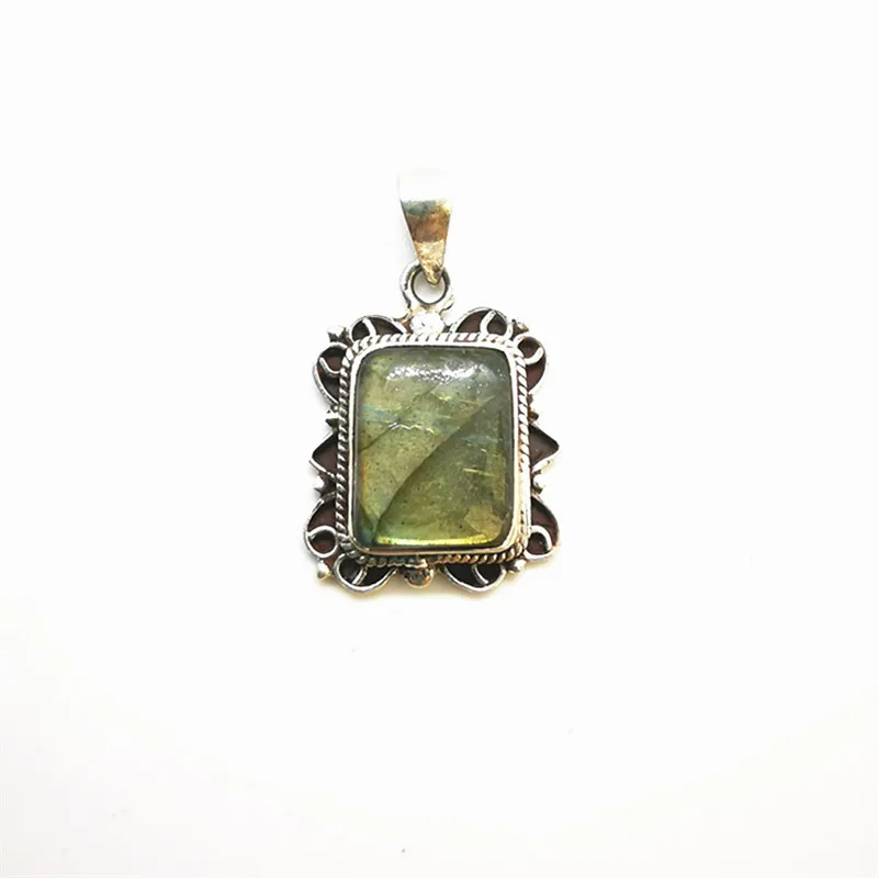 Nepal Hand 925 Silver Jewelry Inlaid Natural Round Labradorite Vintage Square Pendants for Lady T9044