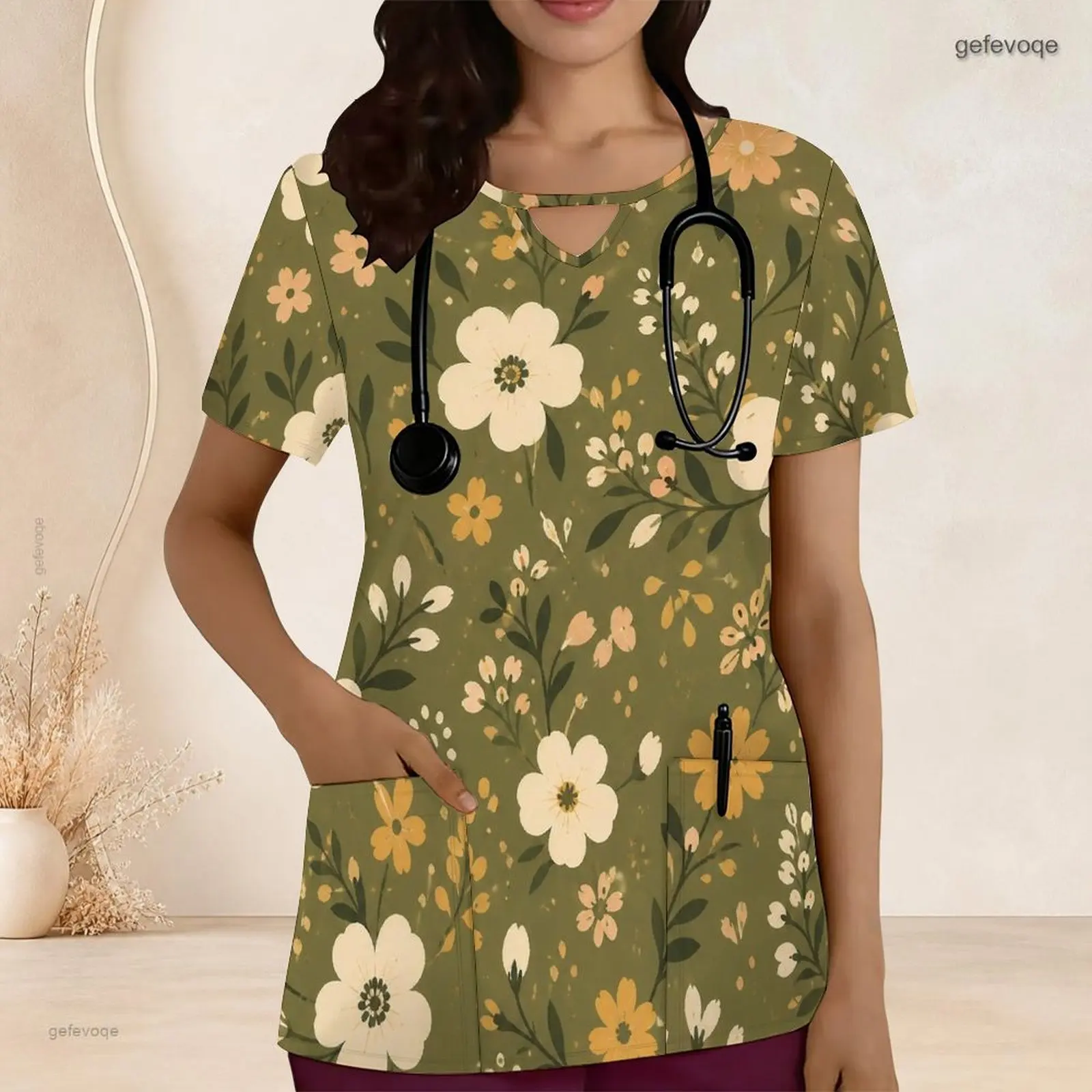 Keyhole Neck Short Sleeve Front Pockets Printed Scrub Top for Women