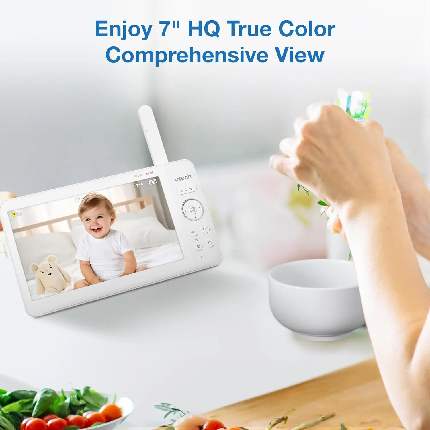 Monitor de bebê IPS de 7" com câmera com zoom Pan Tilt, luz noturna, conversa bidirecional, canções de ninar e sensor de temperatura