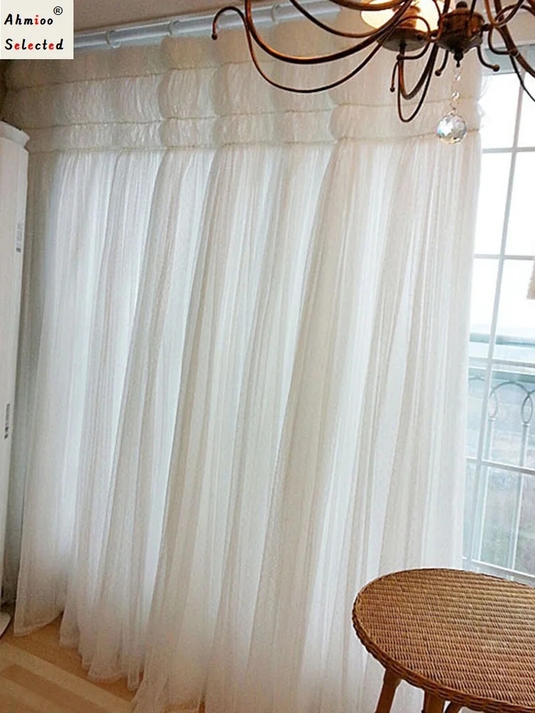 

Hot Ins Korean Princess Blackout Curtain for Living Room,3 Layers Solid White Lace Wedding Window Drapes for Girls' Bedroom