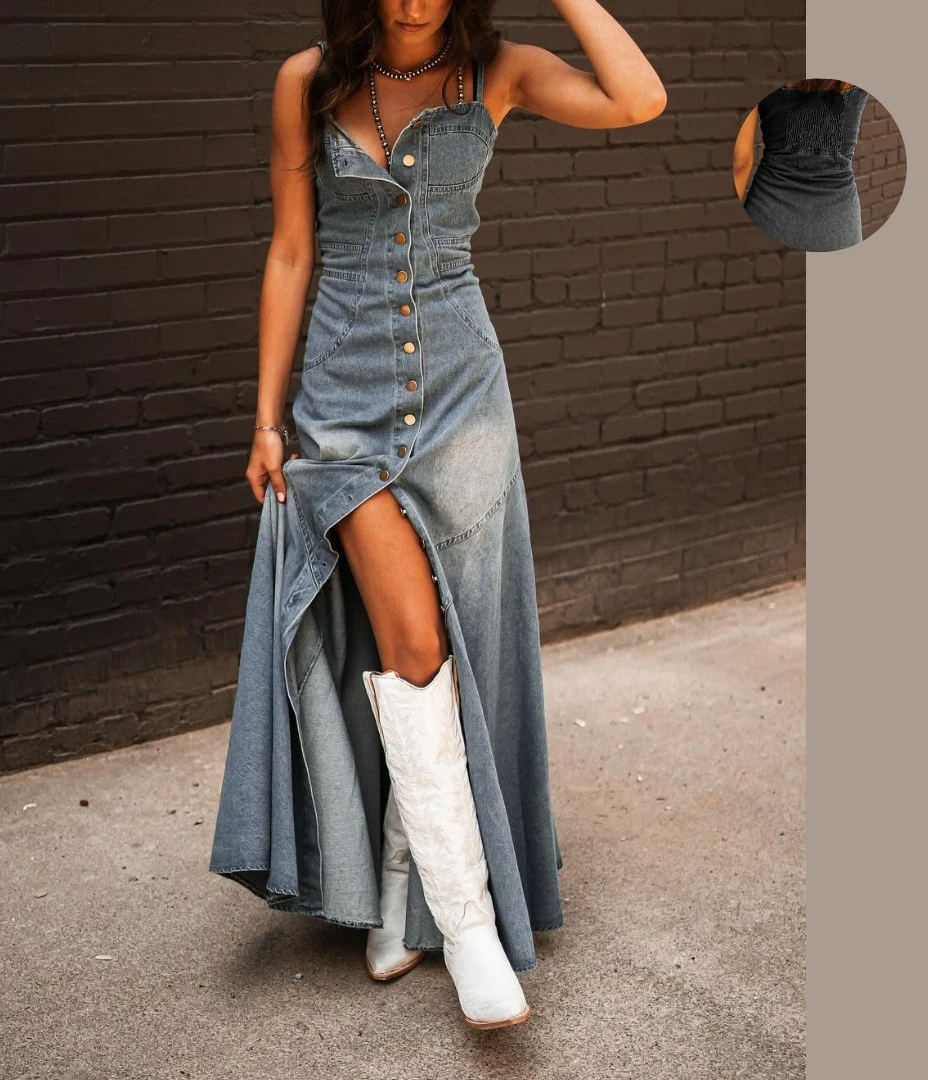 

2026 New Women's Retro Cotton Denim Washed Old Suspender Slim Buckle Big Pendulum Dress