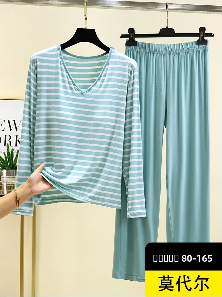 

Spring Modal Cotton Sleepwear Women Casual Loose V-neck Home Clothes Long Pants Set Comfortable Breathable Nightgown