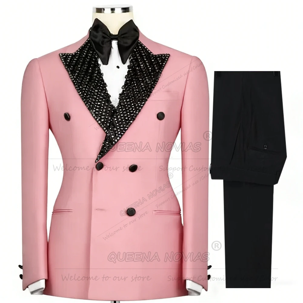 

Luxury Beaded Stones Suit Men Slim Fit Black Peaked Label Blazer Pants 2 Piece Set Groom Wedding Tuxedos Customized Ropa Hombre
