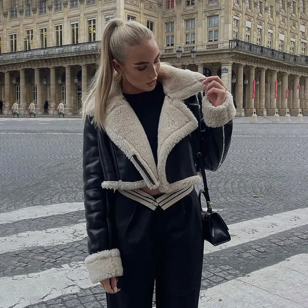 الخريف/الشتاء نمط جديد الأوروبية الأمريكية على الوجهين فضفاضة تناسب انغلق اقتصاص سترة المرأة سترة جلدية قطعة واحدة #4