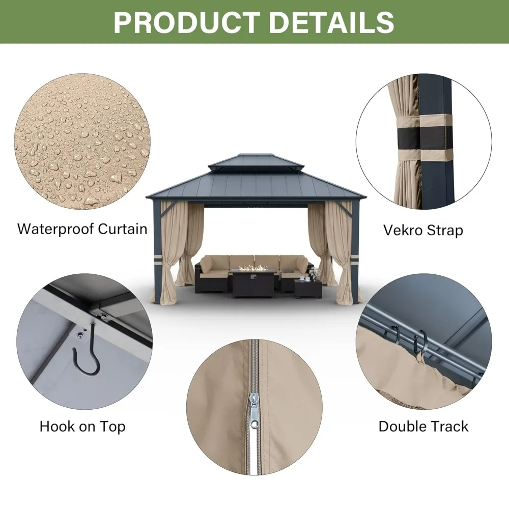 

12' X 14' Outdoor Hardtop Gazebo Double Roof Galvanized Steel Frame with Curtains And Netting Customizable Metal Gazebo