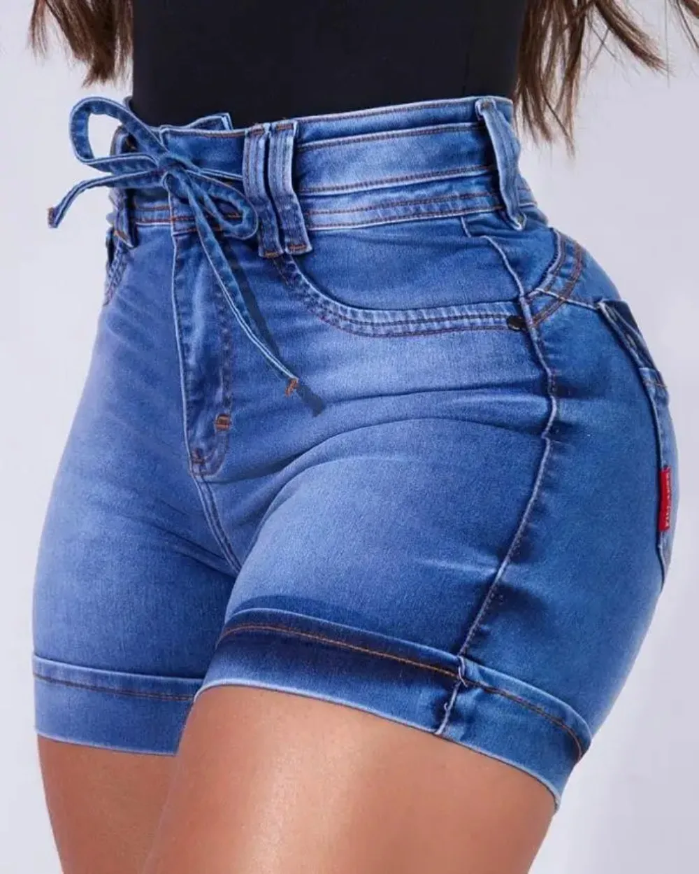 

Women's High Waist Denim Shorts, Casual, Pocket Zipper, Tied Detail Design, Above Knee, Daily, Skinny, Fashion