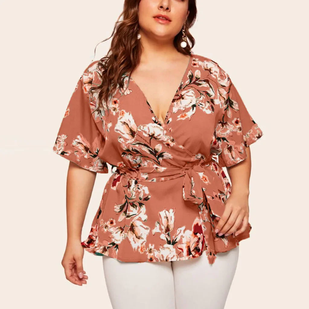 Camiseta holgada de gasa de gran tamaño para mujer, ropa sexy con cuello en V, manga corta, cintura estampada, 3XL, 4XL, 2024