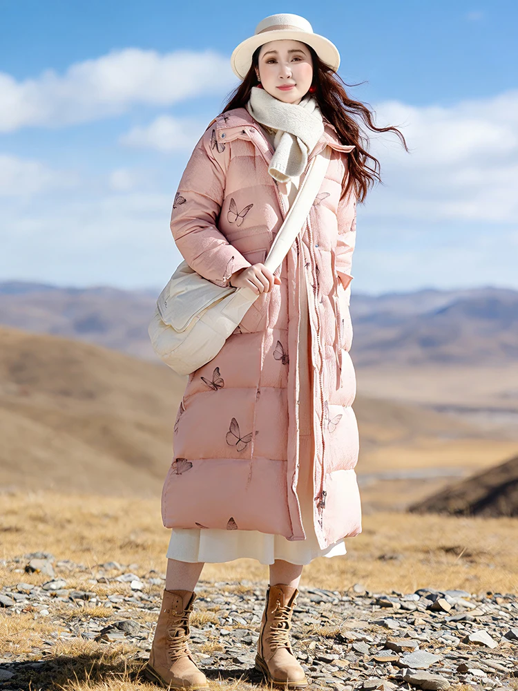 

Winter Gallery Retro Print White Du down Puffer Jaet Women's Loose Fit Warm Hooded Polyester Fiber Long Sve Zipper Clo...