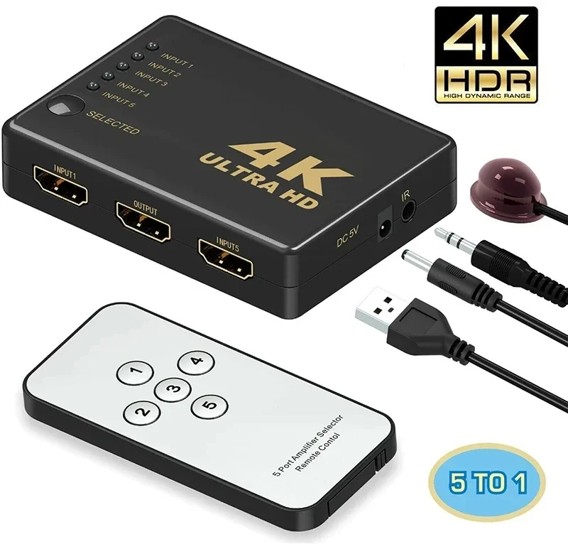 HDMI Switcher 3x1 5x1 4K HD1080P 3 5 Port HDMI Switch Selector Splitter 5 in 1 out with IR Remote Controller for HDTV DVD TV BOX