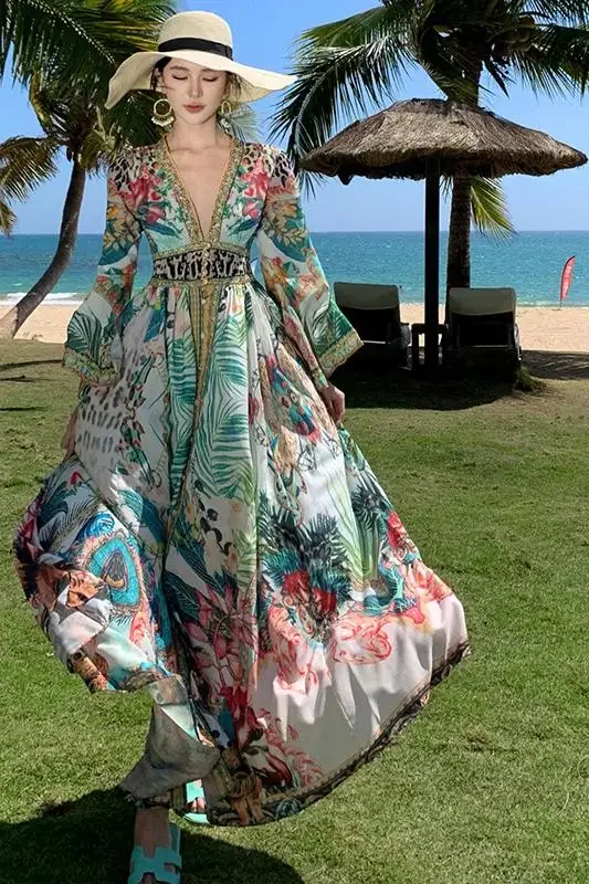 Francês vintage boho praia vestido longo feminino primavera verão único breasted impressão floral vestido de festa de aniversário à noite