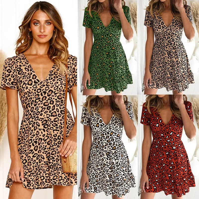 

Summer New Women's Fashion Casual Dresses Leopard Print Deep V-Neck Lotus Leaf Edge Dress