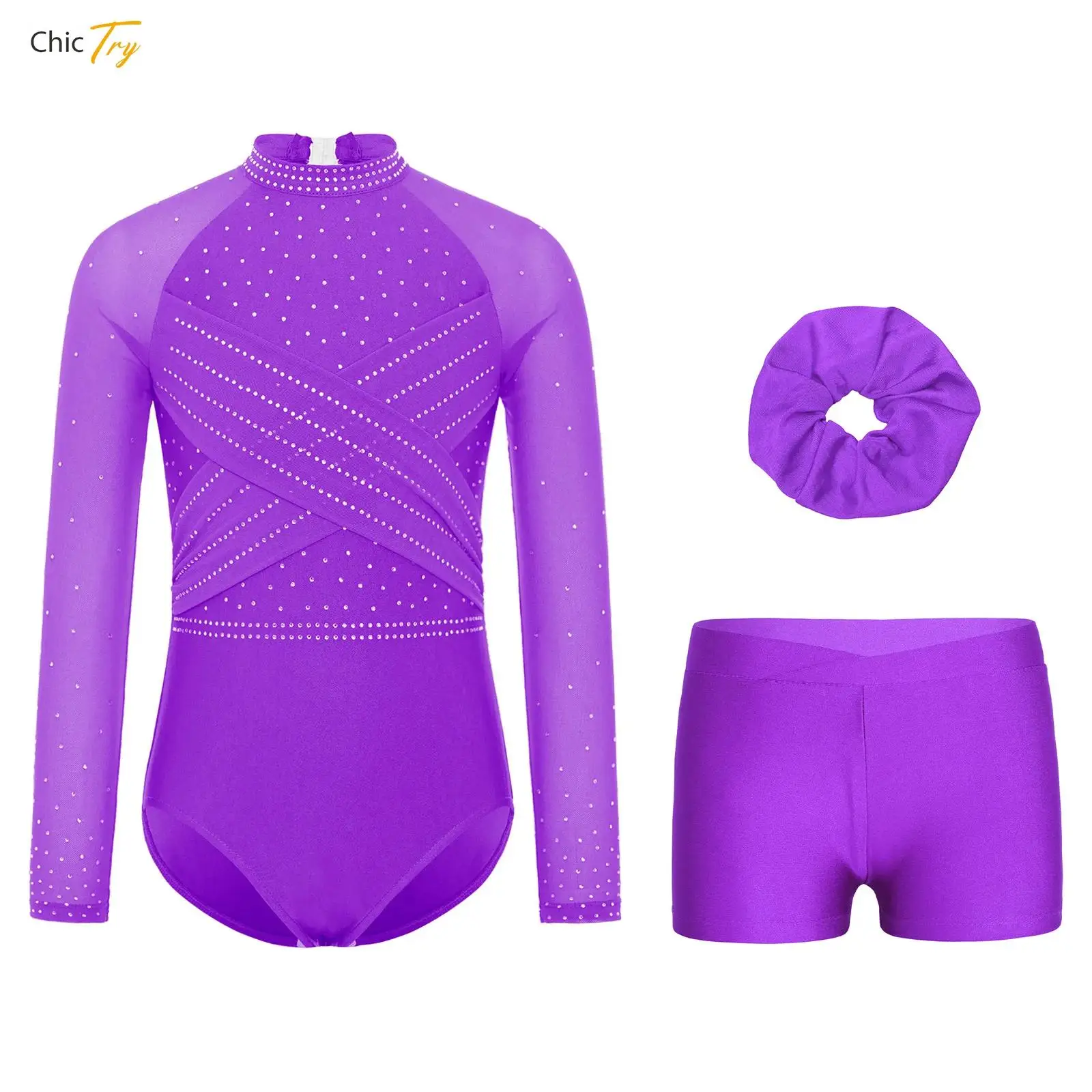 

Kids Girls Ballet Gymnastics Sets Sports Outfit Performance Stage Costume for Practice and Show with Shorts and Hair Accessory
