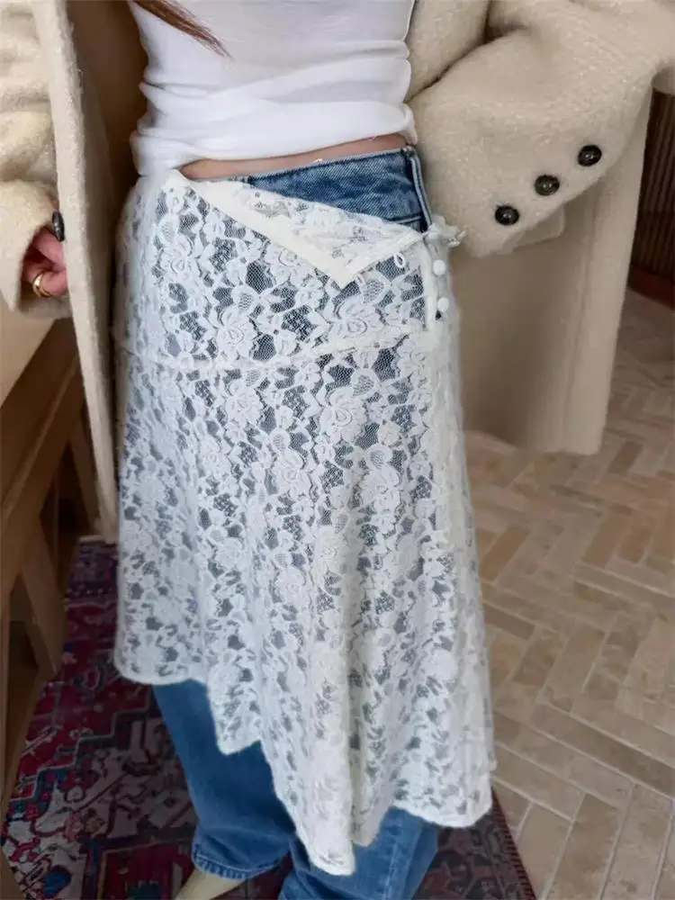 

Korean Sle High Waist Lace f Skirt Women's Faionable Layered Asymmetrical Design Casual A-Line Skirt for Commuting