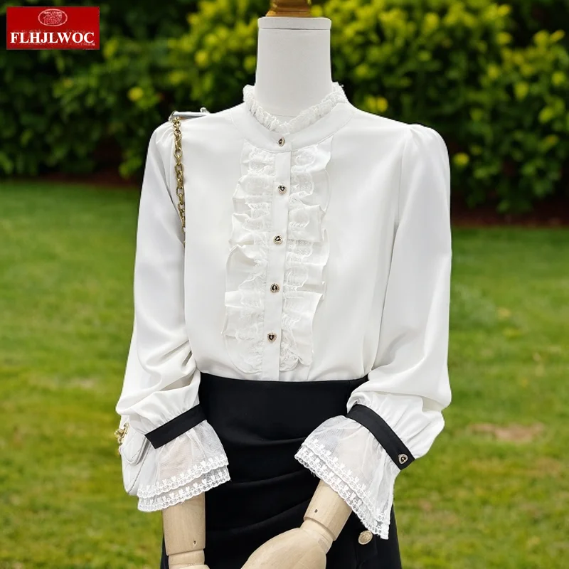 

Ruffles Lace Tops Women Korean Style Clothes Flare Sleeve Elegant Office Lady Cute Retro Stand Collar Basic Shirts Blouses 1638