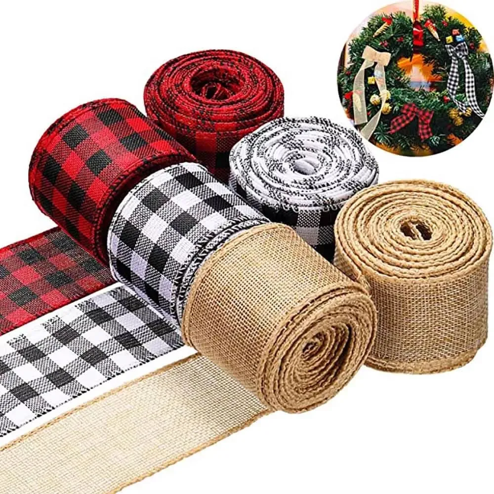 1/2/5/10/20 Rolls 6 Yards Christmas Wired Edge Ribbon Buffalo Plaid Burlap Ribbon for Gift Wrapping DIY Crafts Wreaths Decor