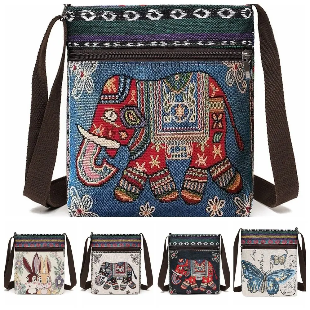 Embroidery Ethnic Style Crossbody Bag Rabbit Butterfly Animal Shoulder Bag Handbag Tote Bag Cute Elephant Cloth Bag