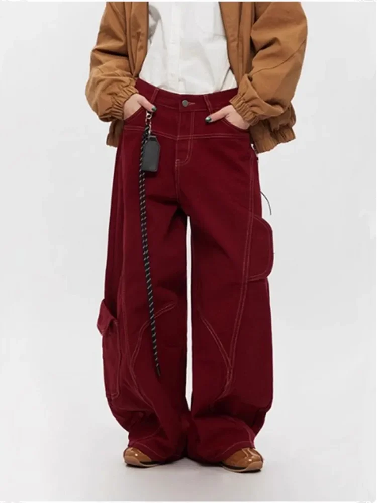 Femmes Cyber Y2K rétro rouge Patchwork Baggy Cargo jean haute rue Vintage jambe large Denim pantalon Streetwear pantalon ample