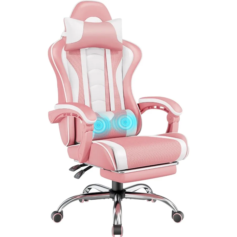Pink White Gaming Chair with Massage Lumbar Support and Footrest for Enhanced Comfort During Long Gaming Sessions Height Adjust