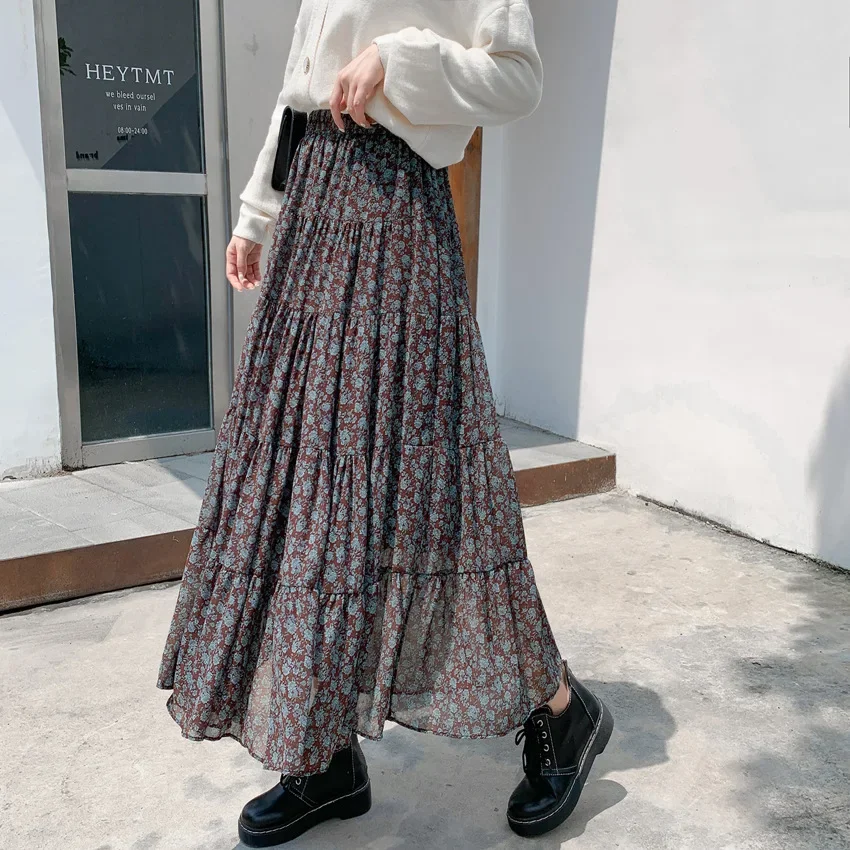 2024 autunno inverno donna gonna floreale a-line gonna a vita alta femminile tinta unita gonna di media lunghezza in chiffon coreano dolce Streetwear