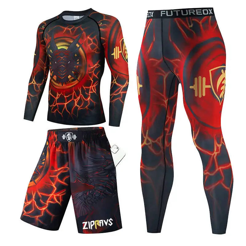 3 Pcs Men's Muay Thai Men MMA Kickboxing Sport Gym Suit BJJ T Shirts Rash Guard Fitness Tracksuit Boxing Jersey Running Set 88