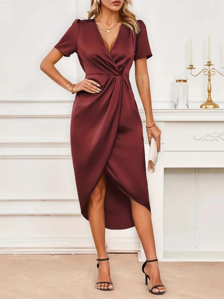 Nice Summer New Arrival Elegant Satin Dress Women V-Neck Short Sleeve Leisure Dress Evening Party Female For Prom Clothing