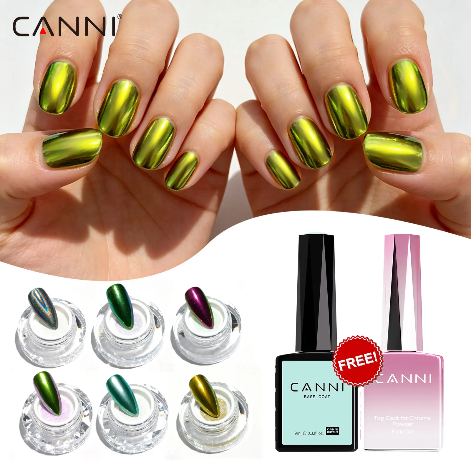 

6pcs/kit CANNI Chrome Powder with Ultra Glossy Top Coat Base Coat Mirror Golden Effect Soak Off UV Gel Nail Art Decoration