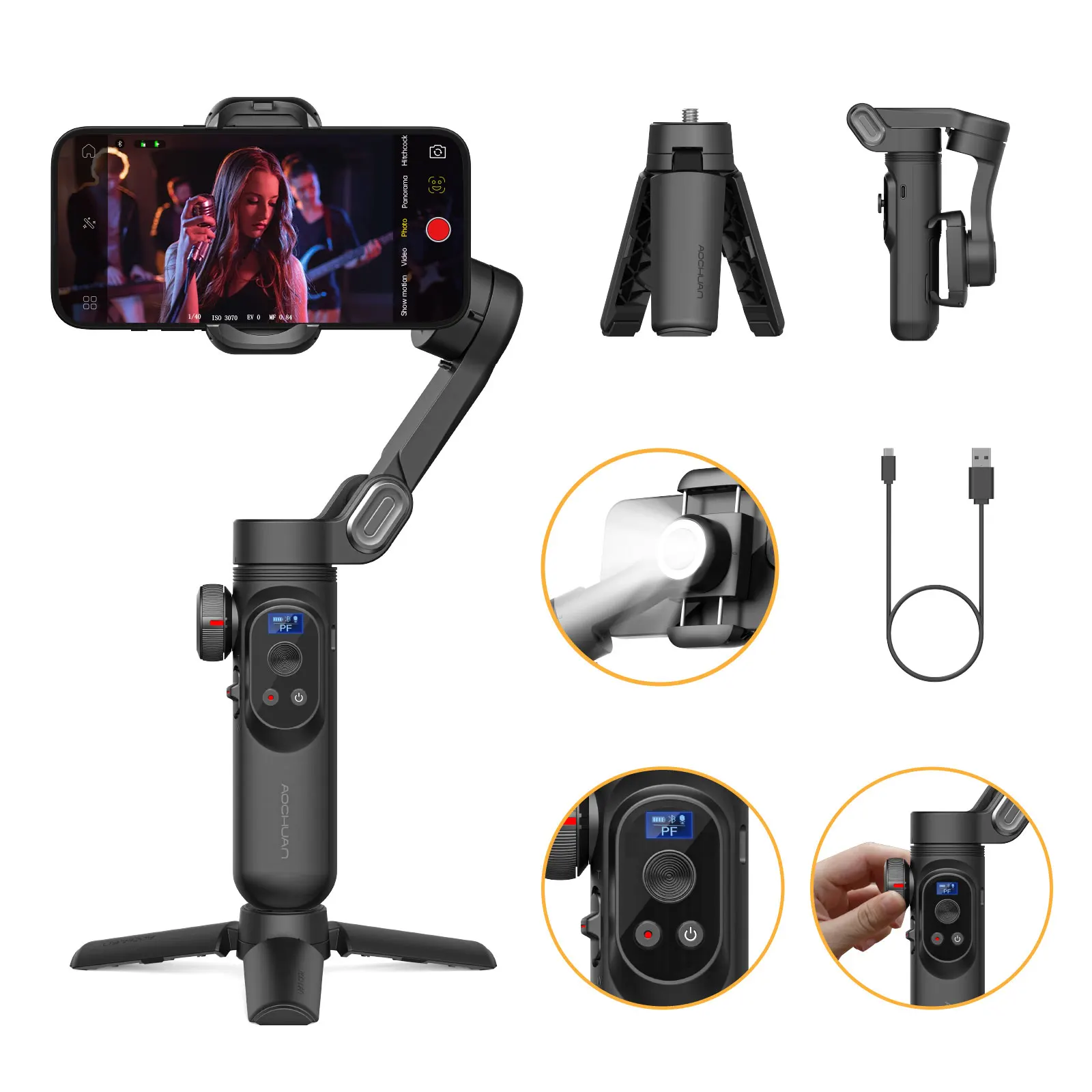 Estabilizador de cardán de 3 ejes Smart XPro para smartphones iPhone y Android, para grabar videos con efecto de luz de relleno.