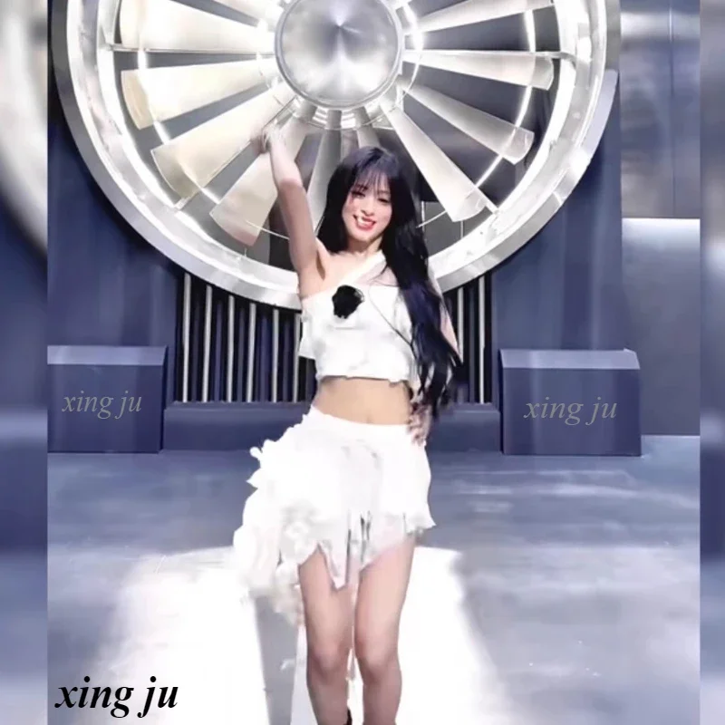 Kpop Korean Singer White Halter Crop Tops Irregular Ruffles Skirt Women Party Jazz Dance Costume Kpop Stage Performance Outfits