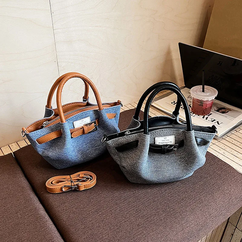 

Korean Fashion Women'S Denim Handbag Contrasting Color Design Crossbody Bag Casual Pleated Dumpling Bag Mini Bucket Bag