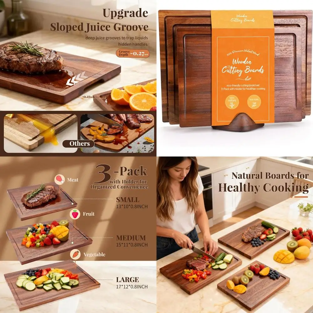 

Set of 3 Walnut Wood Cutting Boards, Holder Included, Large & Small with Deep Juice Grooves, Non-Toxic, Natural, Ideal Christmas