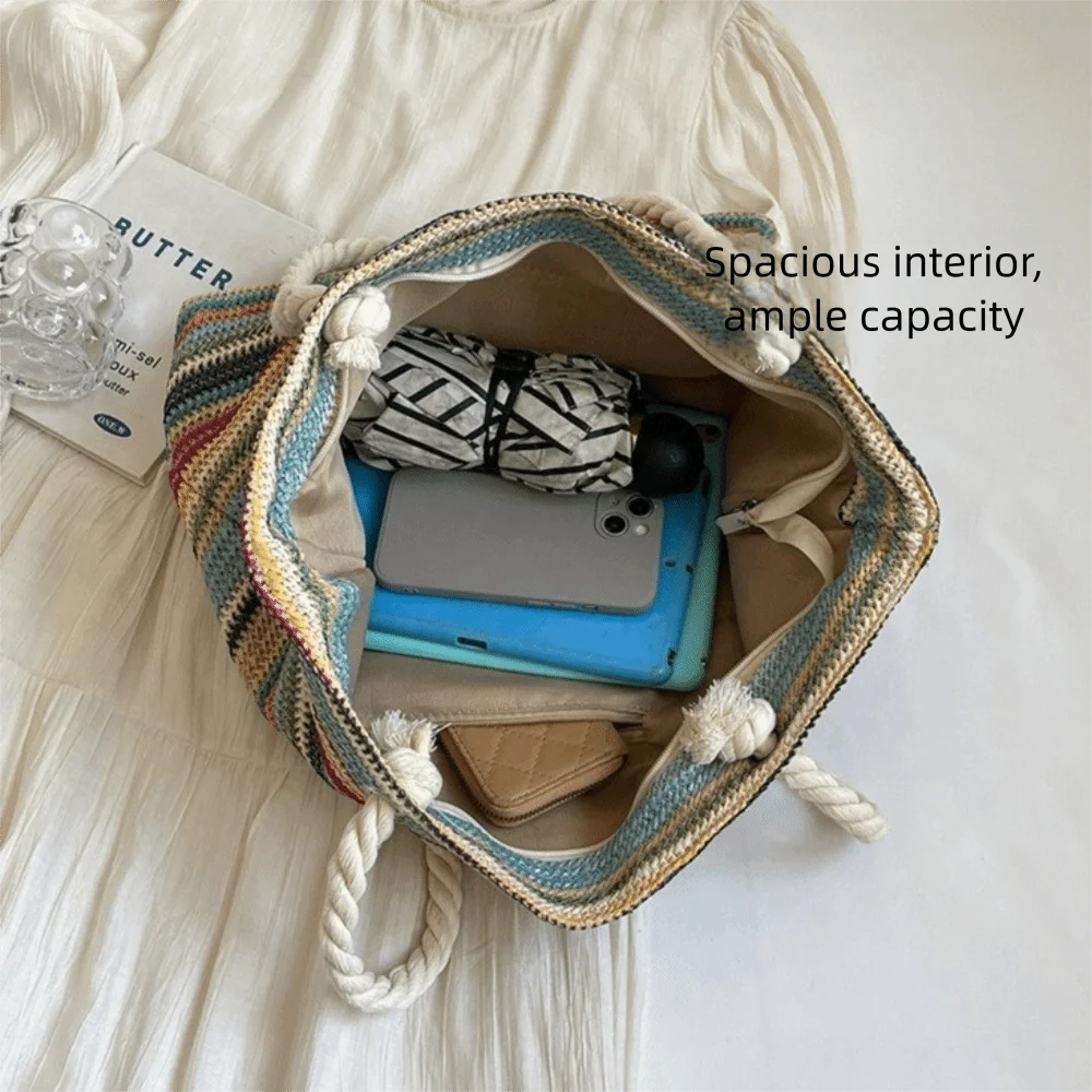New Large Capacity Straw Bag Striped Rainbow Woven Casual Handbag Portable Underarm Bag Seaside Vacation view 4