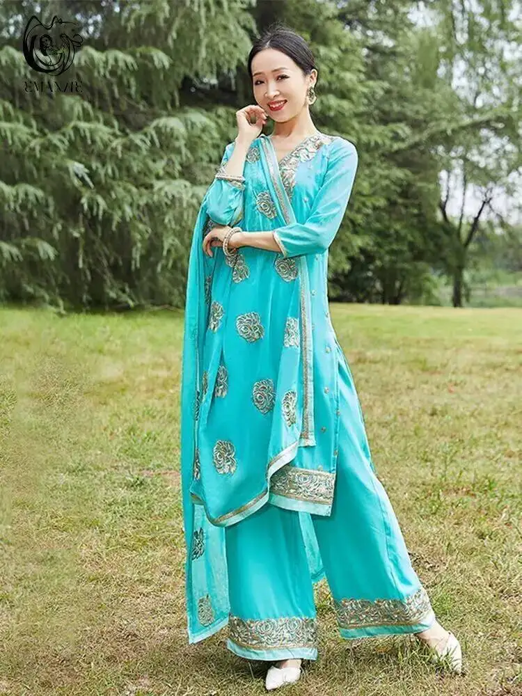 Vestido de dança indiana exótica estilo étnico feminino traje étnico diário sari lado shelby calças conjunto de duas peças