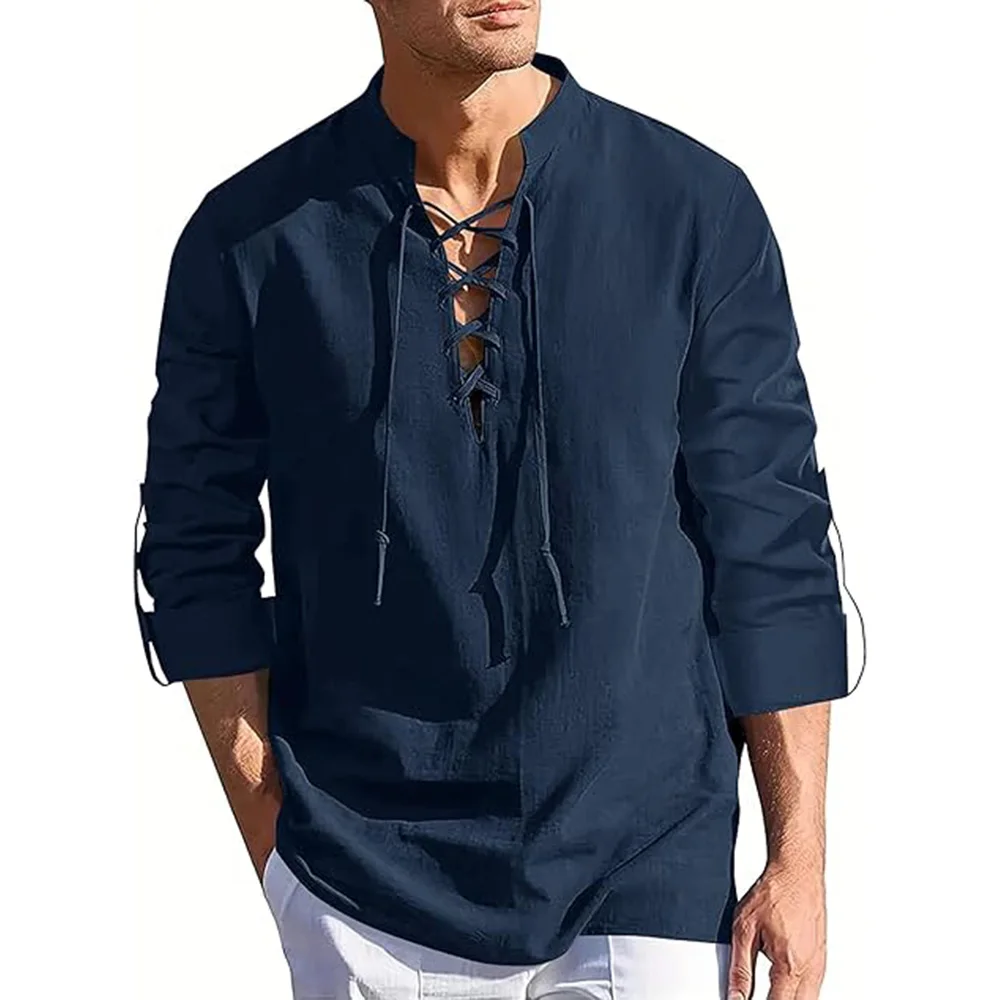 Mens Long Sleeve Pirate Henley Collar Shirts Drawstring Cotton Linen Lace Up V Neck Shirts Hippie Beach Spring Summer Tops