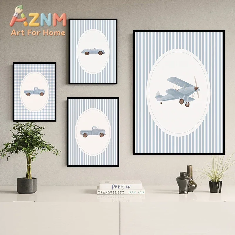 Watercolor Transport Poster Blue Gingham Stripes Wall Art Print Train Plane Hot Air Balloon Car Canvas Poster Boys Nursery Decor