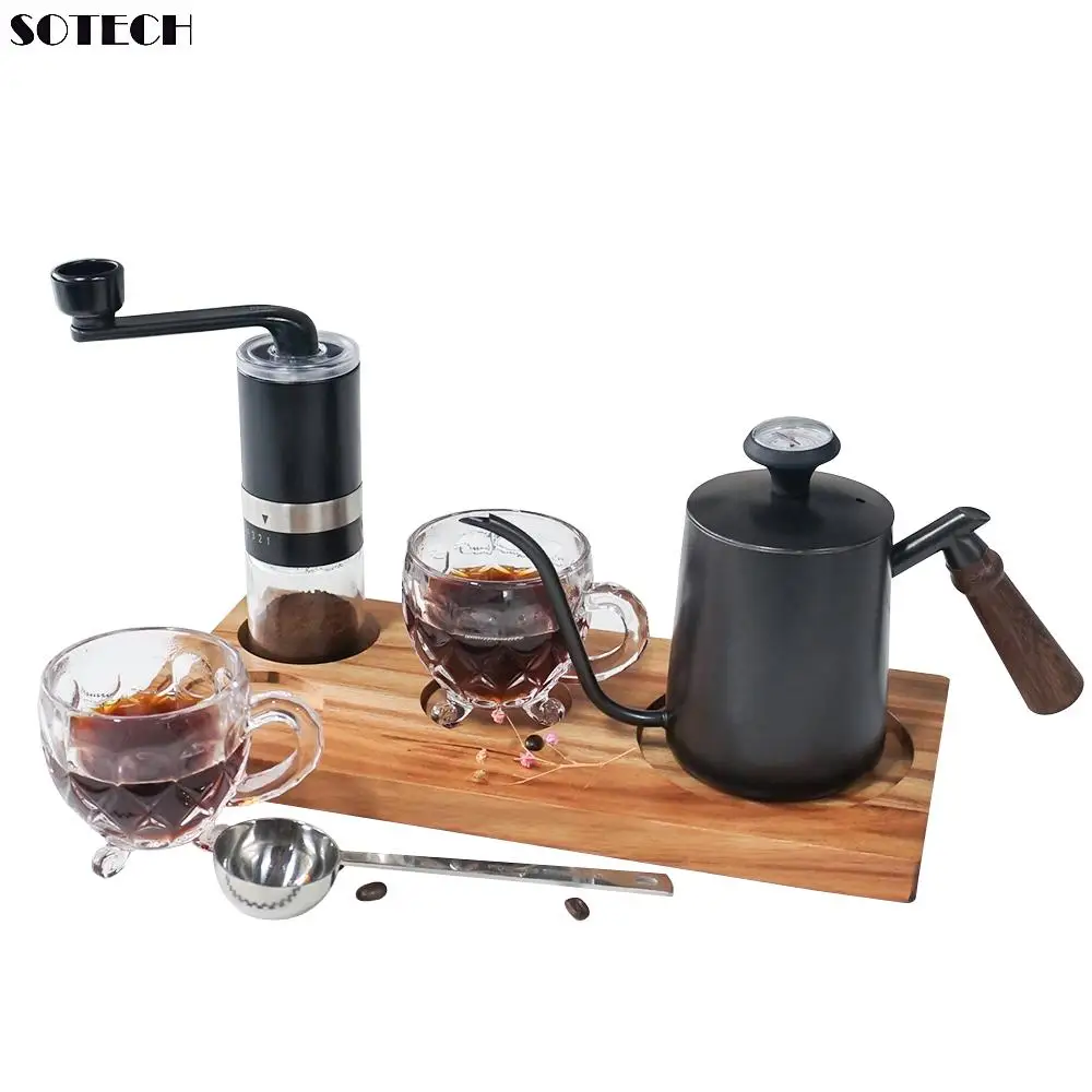 Portable Pour Over Coffee Maker Set including Kettle Glass Cup Grinder Dripper Filters Wooden Pad for Camping Picnic Travel Gift