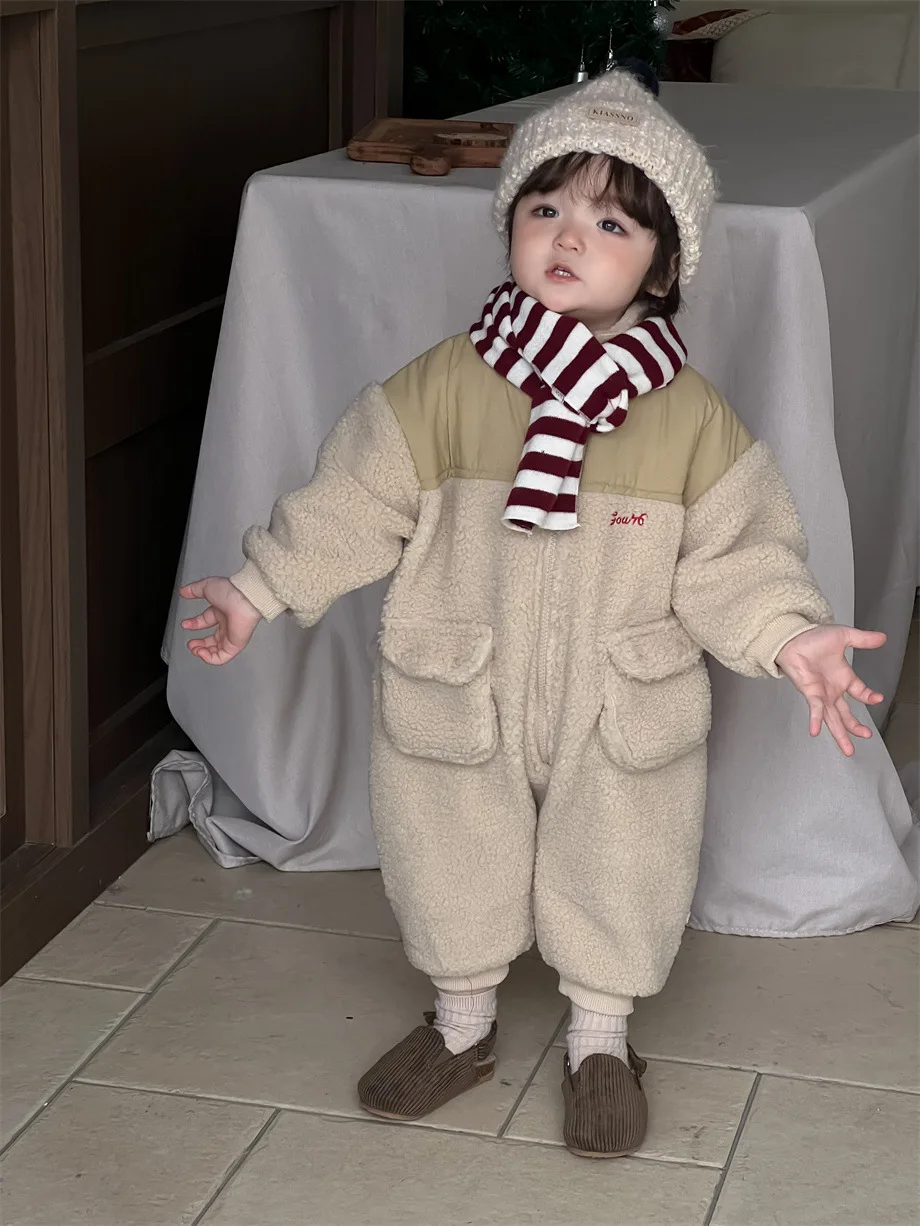 2024 Winter New Baby Fleece Romper Boy Girl Newborn Casual Splicing Jumpsuit Plus Velvet Thick Infant Toddler Warm Clothes 0-24M