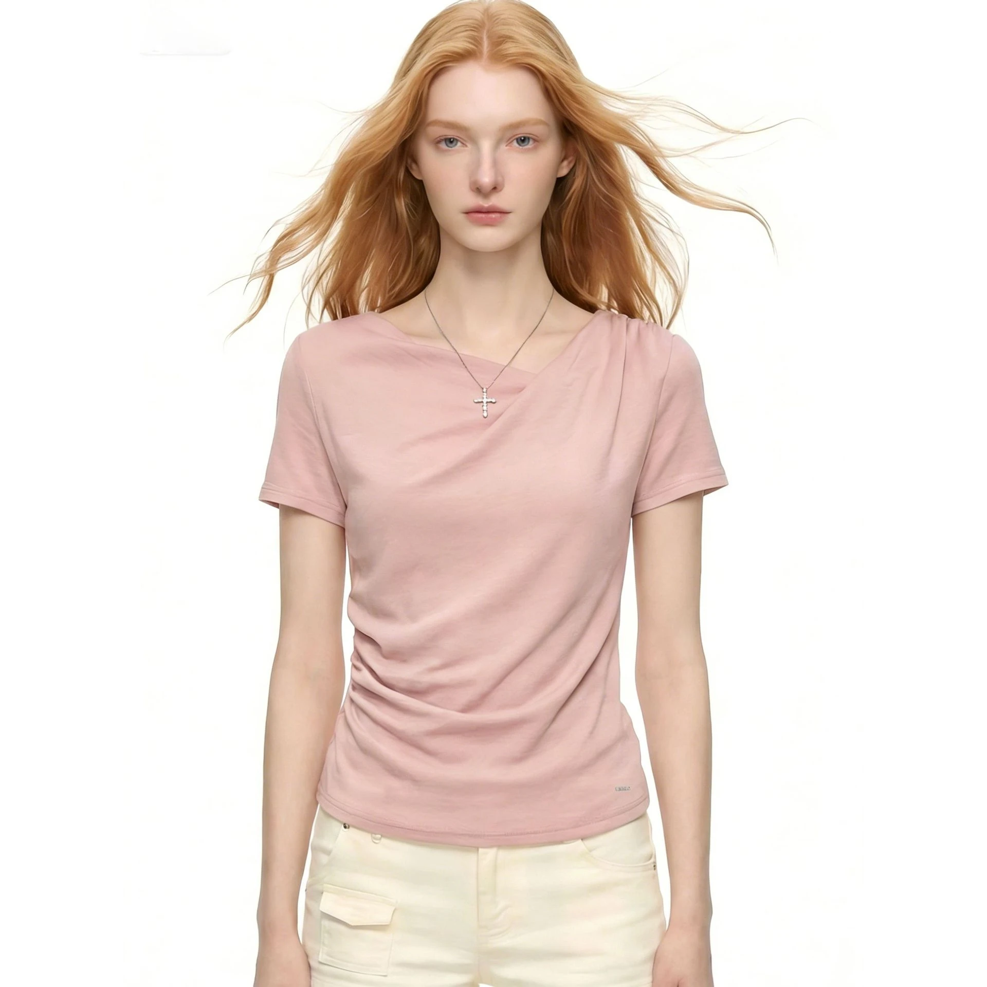 Elegant Pink Short Sleeve Women's T-shirt Drawn-In Slim Fit Summer Top Cross-Border Fashion Ladies' Premium Quality Tee