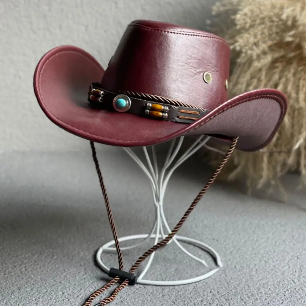 Unisex Cowboy Hat Vintage Western Cowboy Hat with Ethnic Belt Decor for Men Women Retro Gentleman Dress Hat with Adjustable