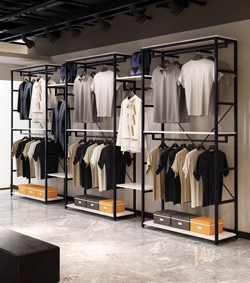 

Clothing store display shelves Floor to floor double-layer display racks hanging clothes shelves