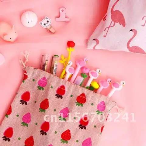 Handmade Cotton Linen Storage Package Bag Drawstring Bag Travel Women Small Cloth Bag Pouch Flamingo Strawberry Pattern 1PC