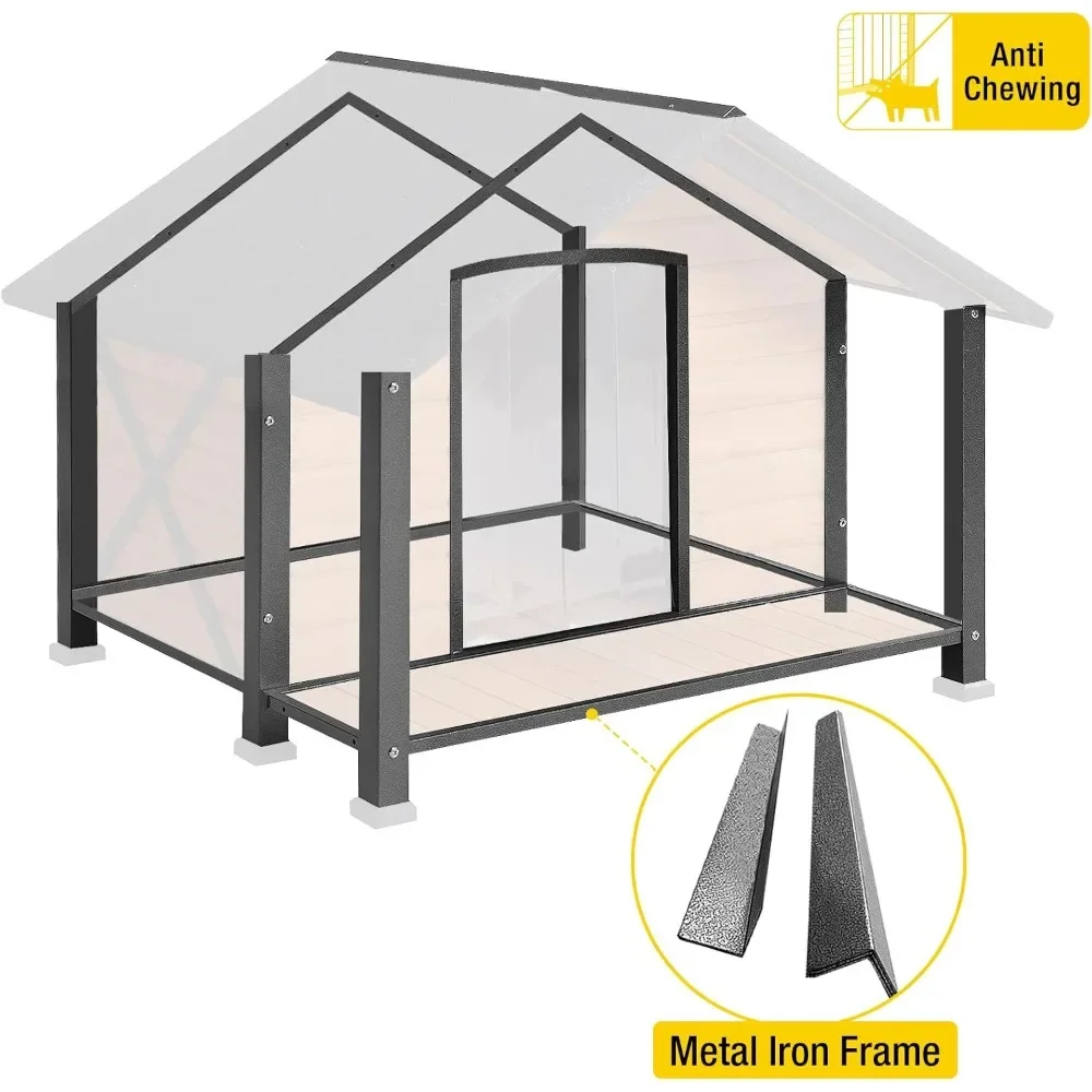 Dog House with Anti-Chewing Metal Frame Outdoor Large Wooden Dog Kennel Outside with Overhang Roof Large Porch Weather