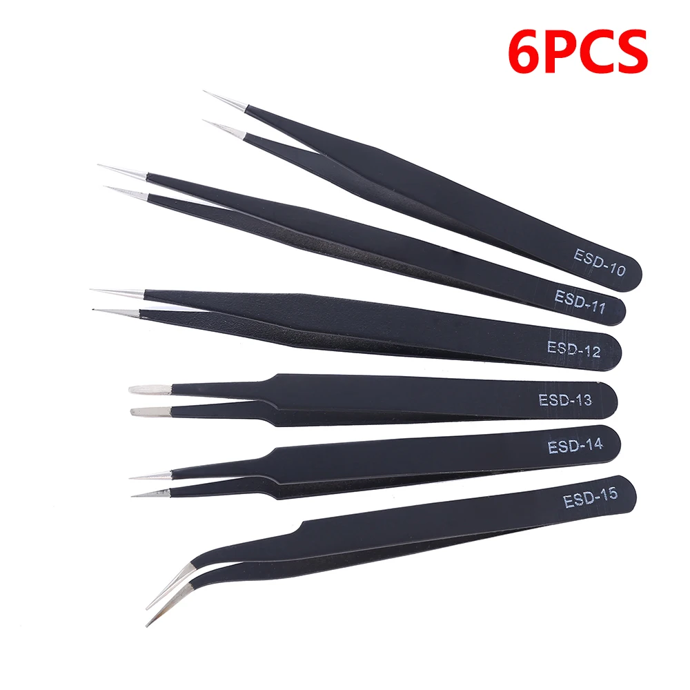 6pcs Precision Tweezers Set ESD Anti-Static Stainless Steel Tweezers Repair Tools for Electronics Repair Soldering Craft Tools