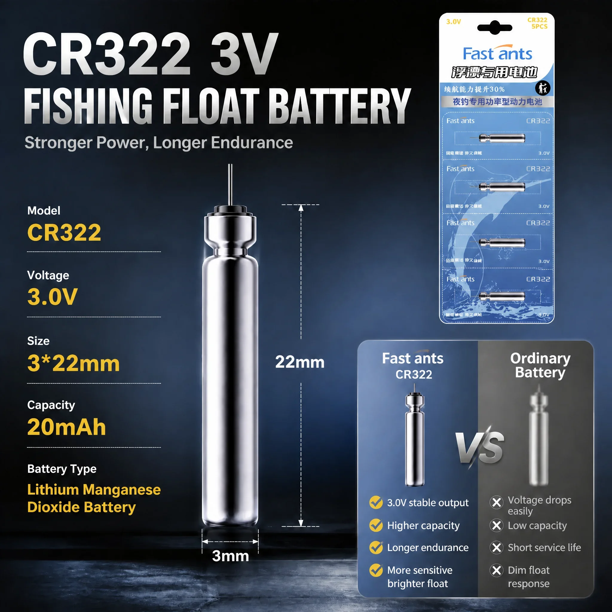 Lithium Coin Cell Battery CR322 3V High Capacity Replacement for LED Lighted Bobber Night Fishing Float Accessories