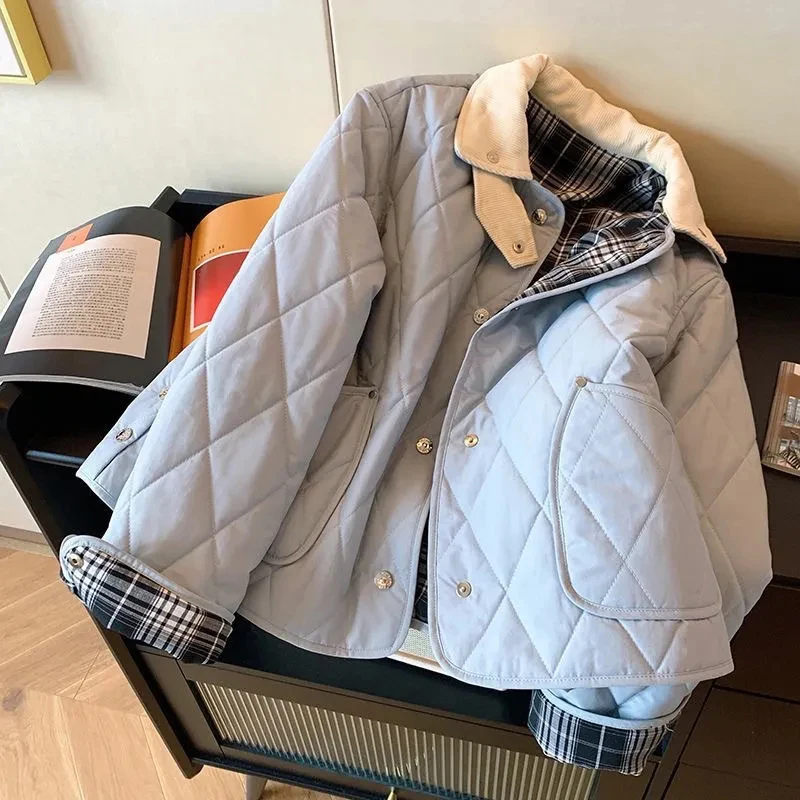 Blue Preppy Sweet Parkas Women Button Plaid Patchwork Pocket Casual Puffy Coats Female Chic Loose Long Sleeve Student Outwear