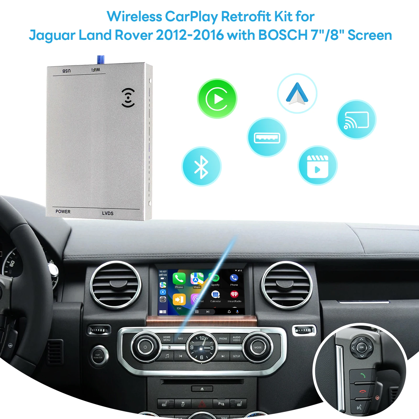 Wireless Carplay Android Auto Interface For Land Rover Evoque Jaguar OEM Headunit Bosch 8 Inch Support AirPlay MiraCast Module