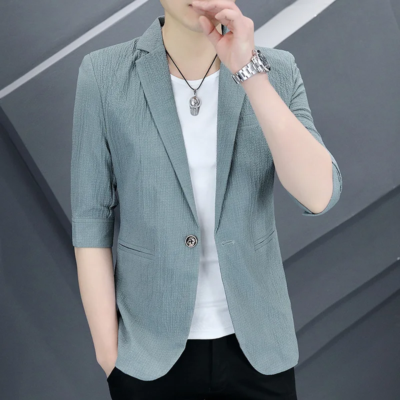 

HOO 2023 Men's Summer Mid-Sleeve blazer Youth Thin Three-Quarter Sleeve Casual British Slim-Fitting blazer